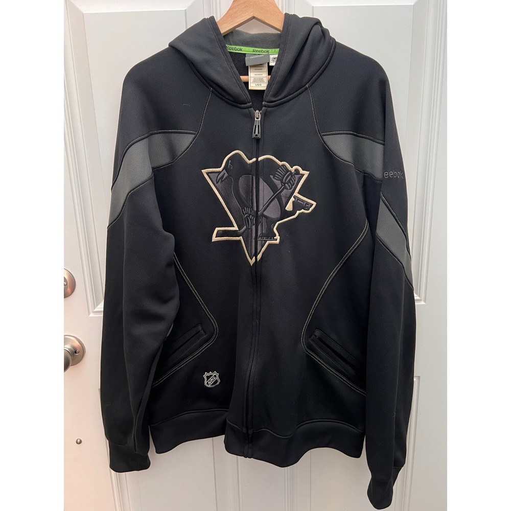 Reebok Pittsburgh Penguins NHL Center Ice Full Zip Hoodie Mens Large Black Grey
